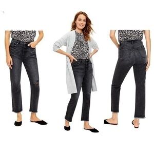 NWT Loft Tall Washed Black Destructed Denim High Rise Straight Crop Jeans 32 14